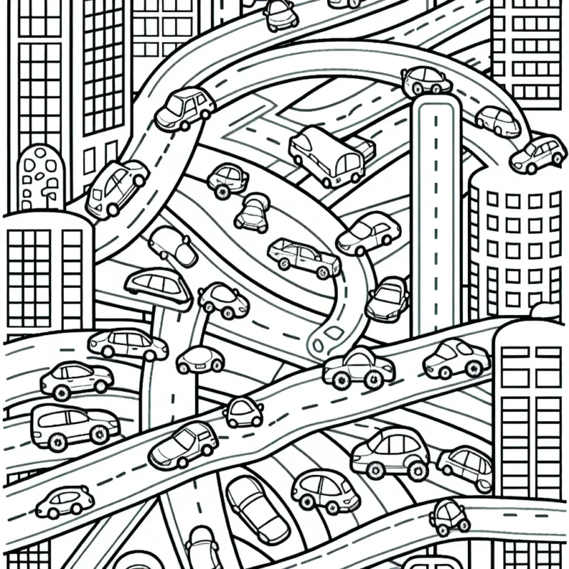 Une scène urbaine avec des voitures de différentes formes et tailles se déplaçant dans diverses directions