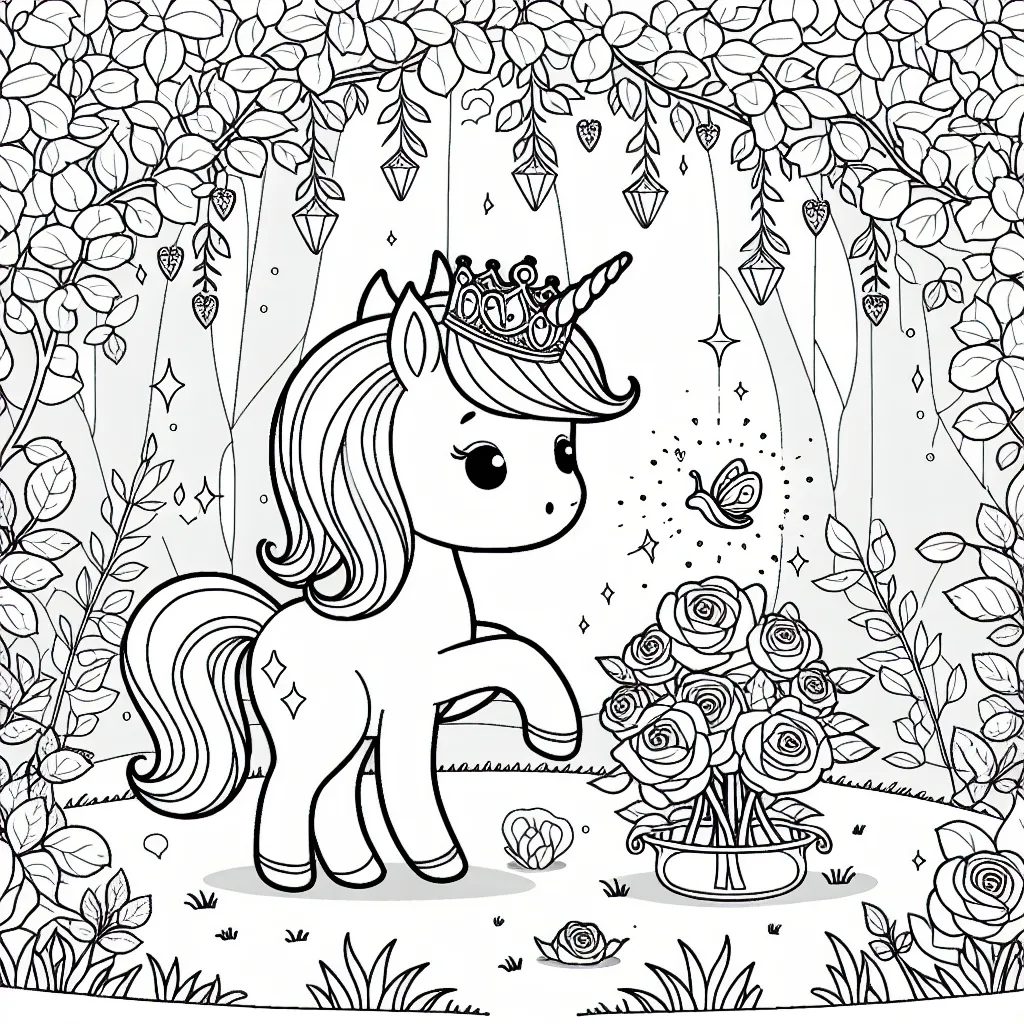 Une petite licorne magique jouant dans un jardin de roses enchanté