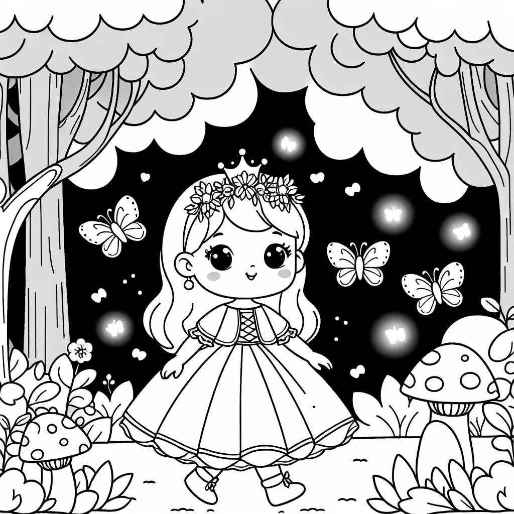 Dessine une petite princesse se promenant dans une forêt enchantée, entourée de papillons colorés et de champignons lumineux