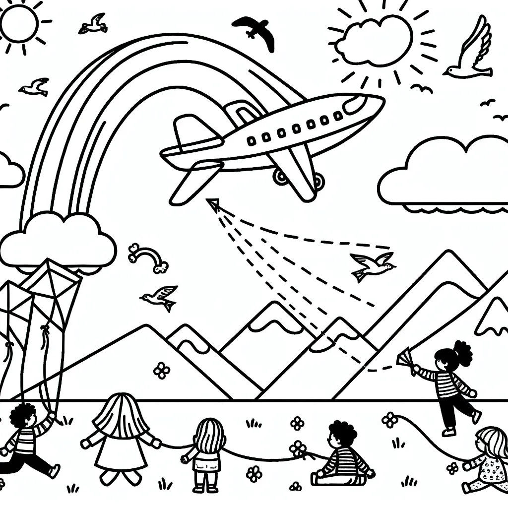 Un avion volant haut dans le ciel au-dessus des montagnes, avec un arc-en-ciel et des oiseaux à côté. Sur le sol, il y a des enfants qui font voler des cerfs-volants.