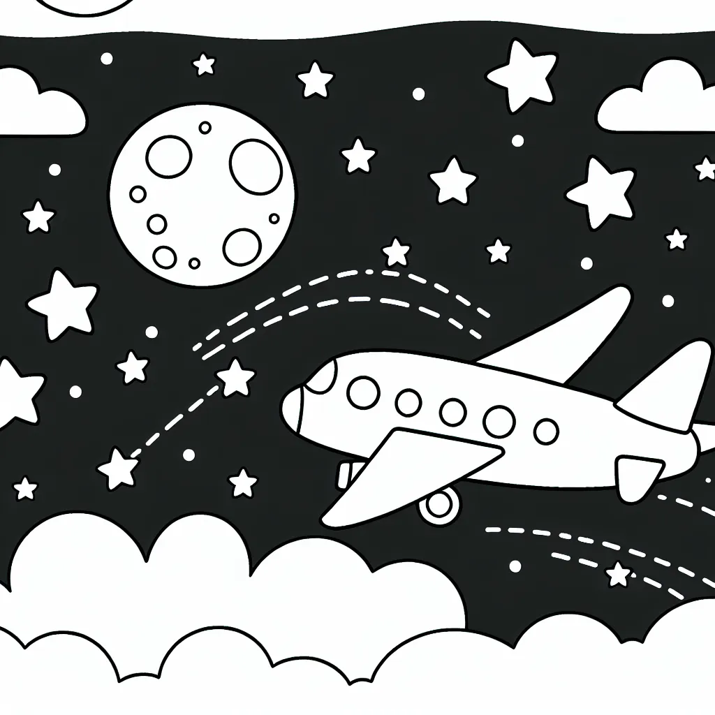 De dessiner un avion dans le ciel nocturne, avec des étoiles et la lune en arrière-plan.