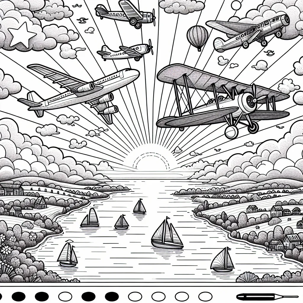 Un tableau impressionnant montrant une variété d'avions volant dans un ciel ensoleillé et animé, avec de petites îles et un océan scintillant en dessous. Les avions vont d'un avion de passagers moderne à un biplan vintage, avec différentes formes et tailles pour ajouter de l'intérêt. Il y a aussi quelques montgolfières à distance, ajoutant un élément de surprise!