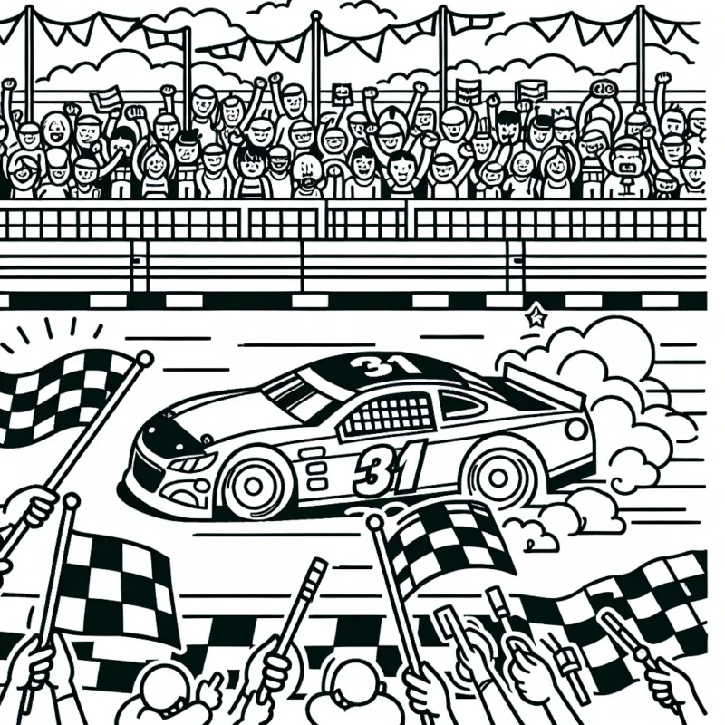 Dessine une voiture de course roulant à toute vitesse sur un circuit animé, en incluant les drapeaux qui claquent au vent, les gradins remplis de supporters et de la pitlane en pleine effervescence. N'oublie pas les détails comme les autocollants de sponsors sur la voiture et les pilotes dans la zone des stands.