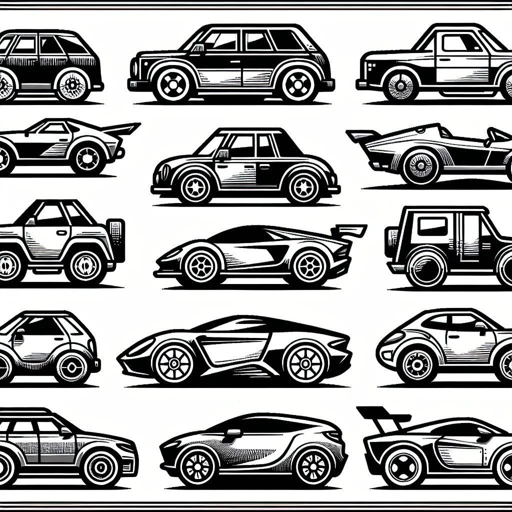 Dessine une série de voitures par marque réputée. Que ce soit BMW, Mercedes, Audi, Ferrari, Lamborghini, Porsche, Ford, Kia ou Renault, faites ressortir les caractéristiques uniques de chaque marque.