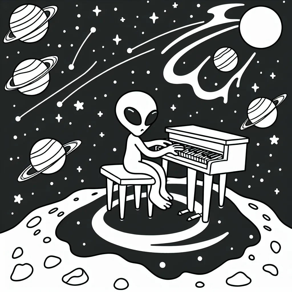 Un alien jouant du piano sur une comète