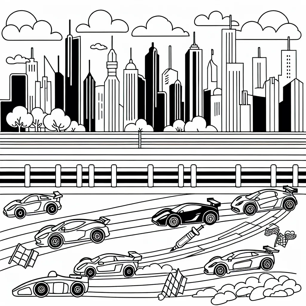 Sur le coloriage, il y a une illustration d'une course de voitures avec différentes voitures de course colorées et un paysage urbain en arrière-plan.