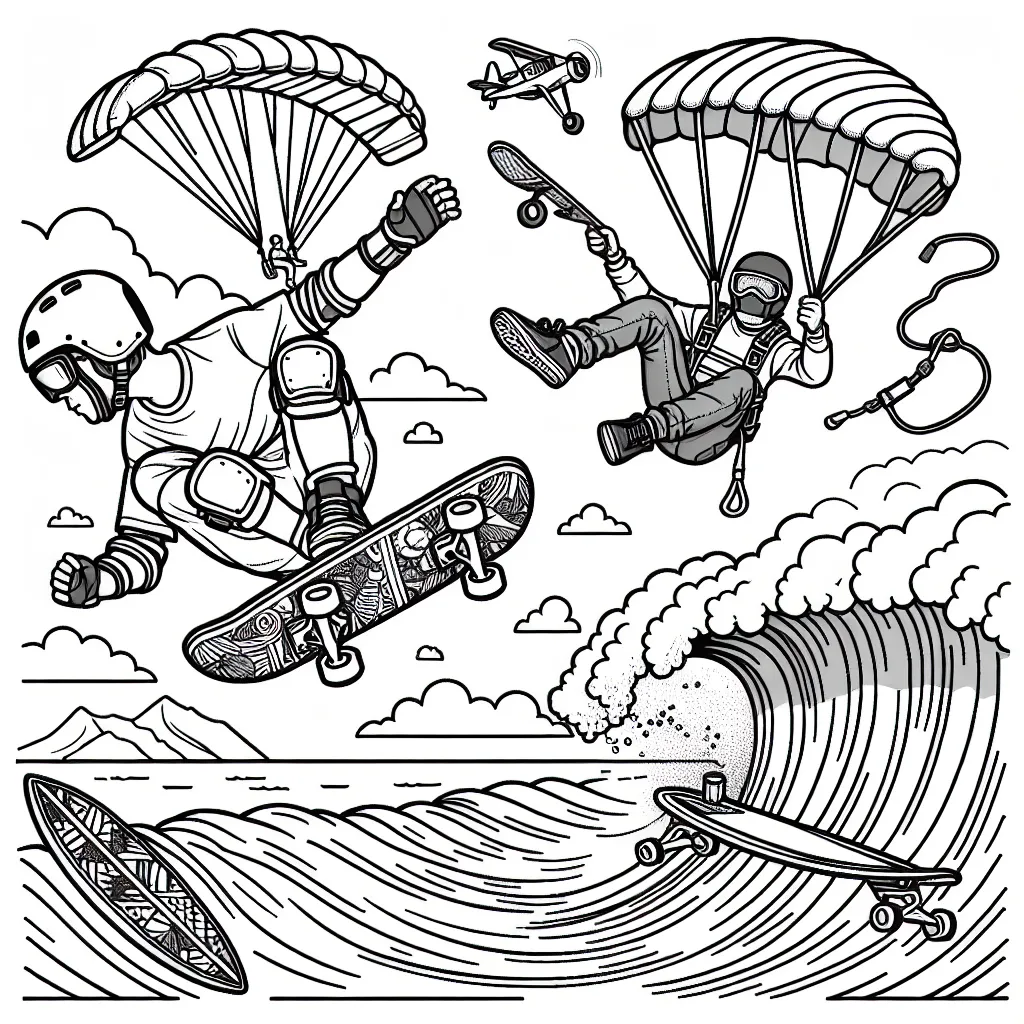 Imagine un dessin comportant un skateur effectuant une figure audacieuse sur une rampe, un surfeur sur une vague gigantesque et un parachutiste s'élançant d'un avion. Les détails comme les casques, les planches et l'équipement sportif doivent être soignés.