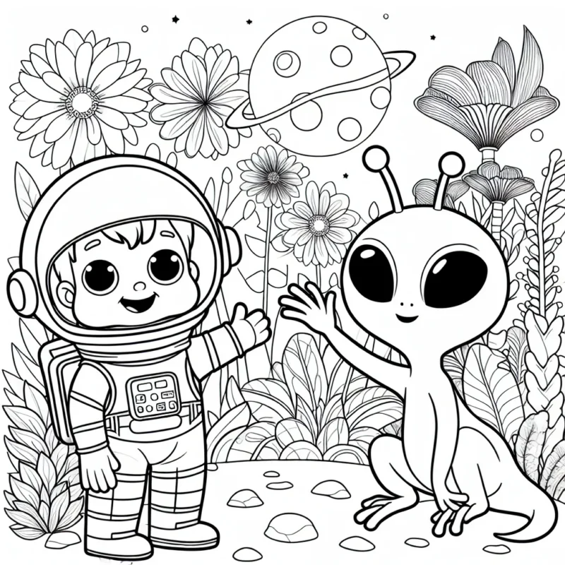 Un astronaute avec une créature extraterrestre amicale sur une planète pleine de fleurs exotiques