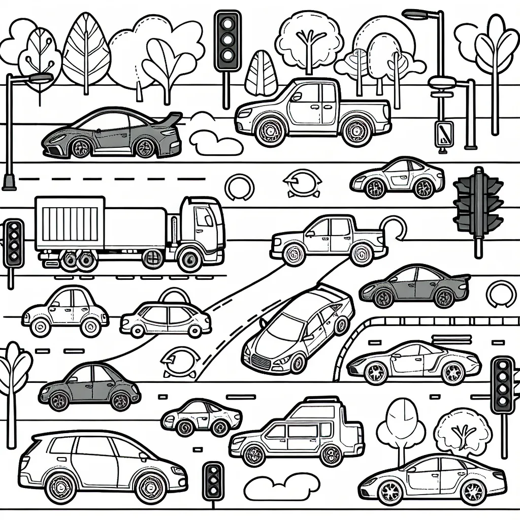 Imagine un paysage urbain animé avec des voitures de différentes formes et tailles. Il y a des voitures de sport élégantes, des camions robustes et des voitures familiales confortables. Imagine également des éléments urbains comme des feux de circulation, des panneaux de signalisation, des arbres et des trottoirs pour compléter la scène.