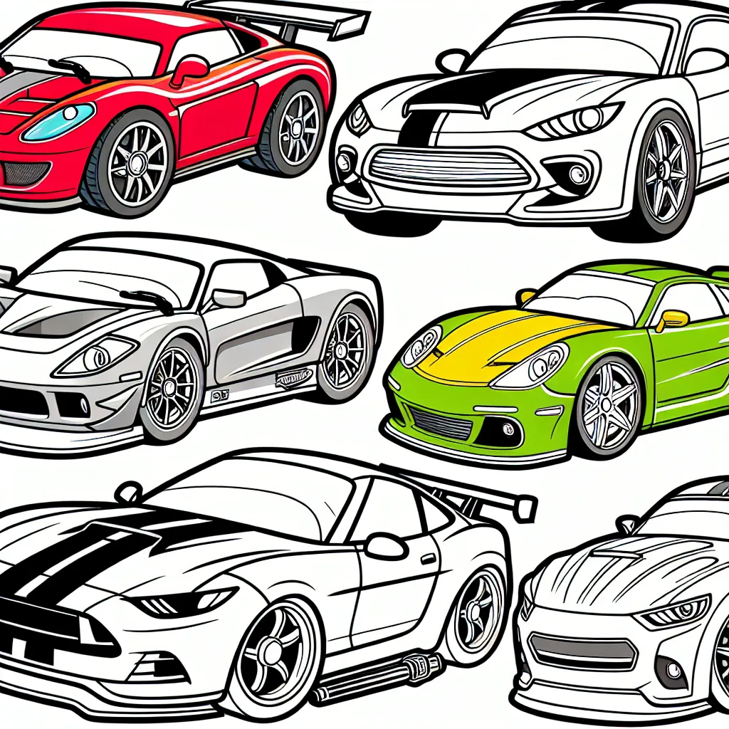 Des voitures de différentes marques sont alignées, prêtes pour une course folle ! Il y a une Porsche rouge, une Ferrari jaune, une Lamborghini verte et une Aston Martin bleue. Chaque voiture a son propre style et logo de marque. Vous pouvez colorier ces voitures super cool avec vos couleurs préférées!