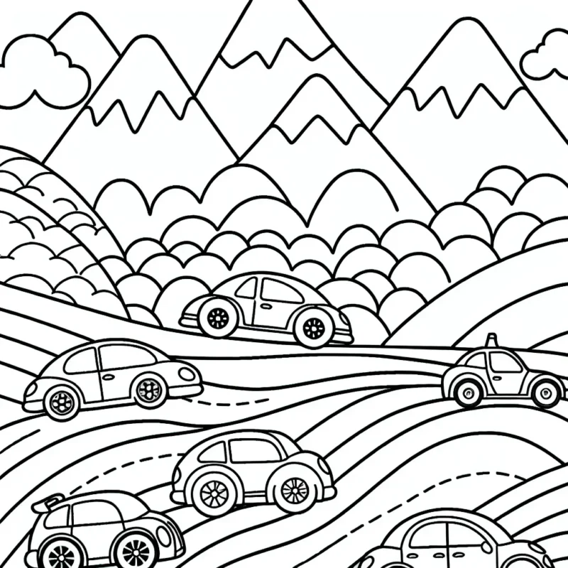 Dessine un rallye de voitures colorées zigzaguant à travers un paysage montagneux.