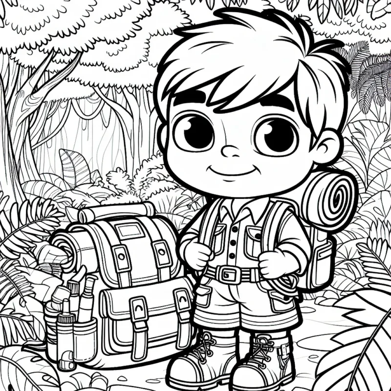 Voici un dessin détaillé d'un petit garçon explorateur dans une jungle dense, avec un sac à dos rempli de matériel d'exploration.