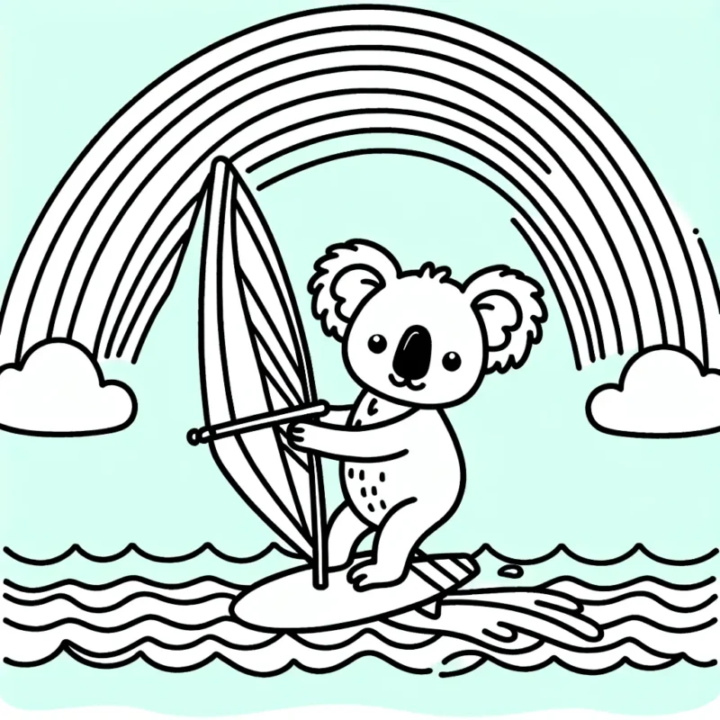 Un koala sur une planche à voile qui traverse un arc-en-ciel