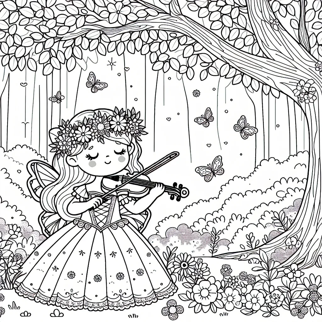 Une petite princesse de conte de fées couronnée de fleurs, jouant du violon sous un grand arbre en pleine forêt enchantée.