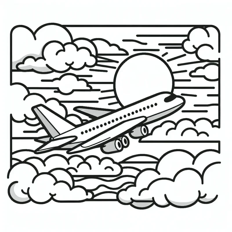 Dessine un avion en plein vol dans les nuages, avec le soleil couchant en arrière plan.