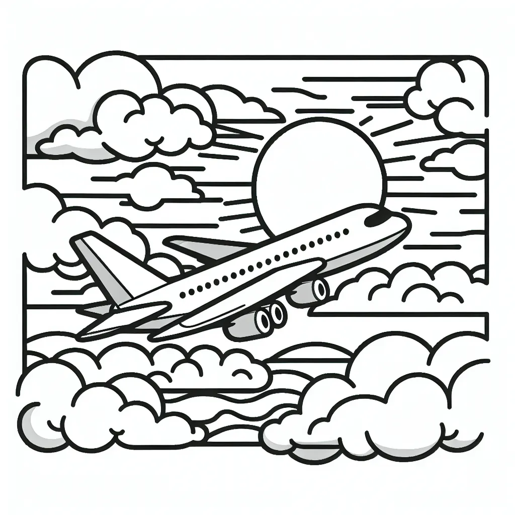 Dessine un avion en plein vol dans les nuages, avec le soleil couchant en arrière plan.