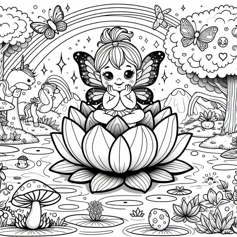 Une petite fée espiègle avec des ailes scintillantes est assise sur une fleur de lotus géante flottant sur un lac énigmatique. Autour du lac, un paysage féerique rempli des arbres aux fruits étranges, des champignons lumineux, des papillons arc-en-ciel et des licornes majestueuses. Un arc-en-ciel à sept couleurs ajoute encore plus de magie à cette scène.