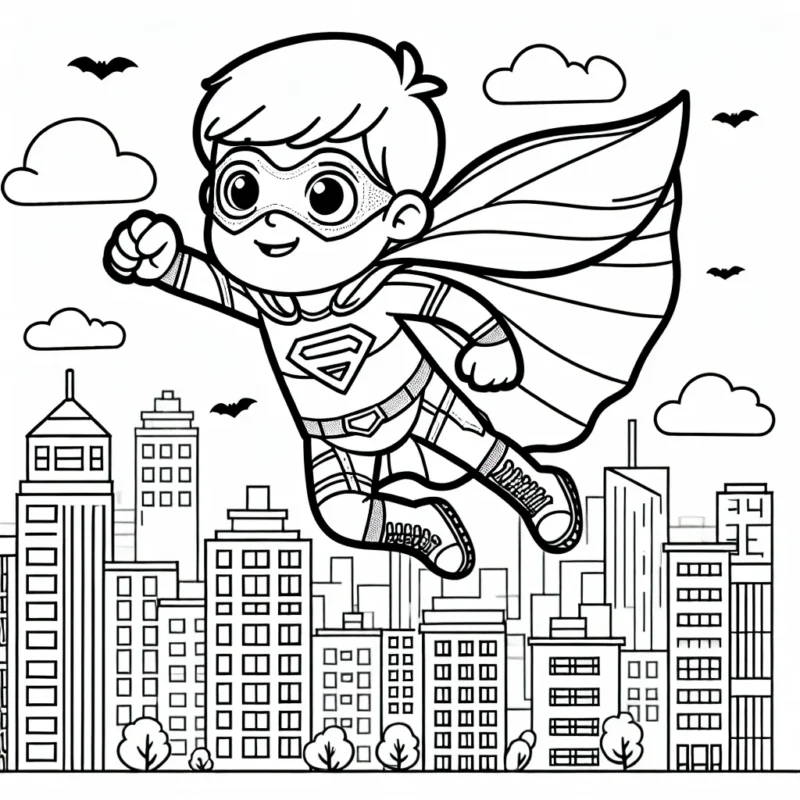 Un petit garçon avec un costume de super-héros volant au-dessus de la ville.