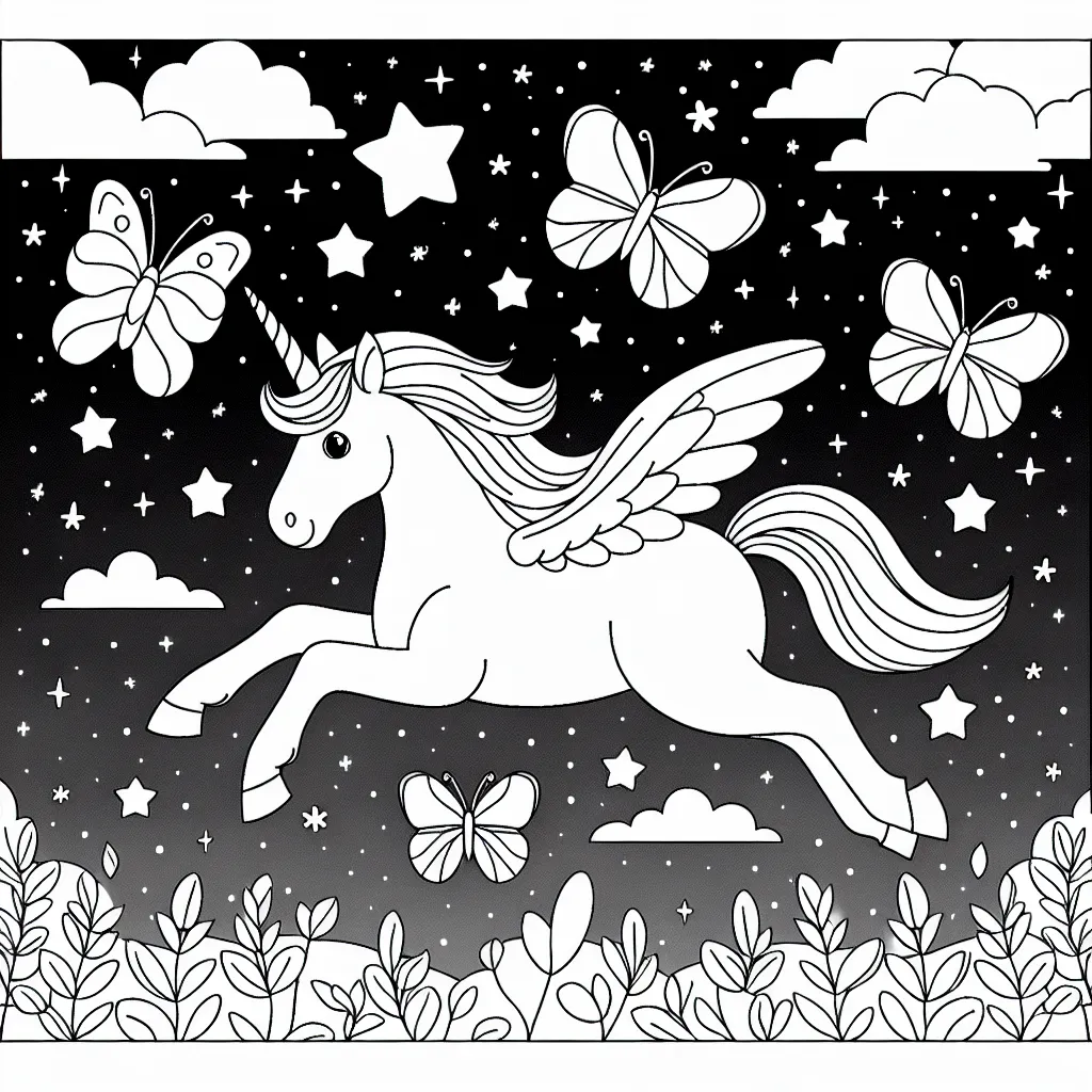 Dessine une majestueuse licorne volante dans un ciel étoilé avec des papillons lumineux.