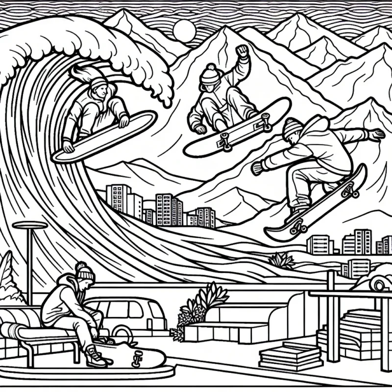 Dessine un surfeur en pleine action sur une vague géante, un snowboardeur qui glisse sur une montagne enneigée et un skateboarder qui réalise une figure acrobatique dans un skate park urbain.