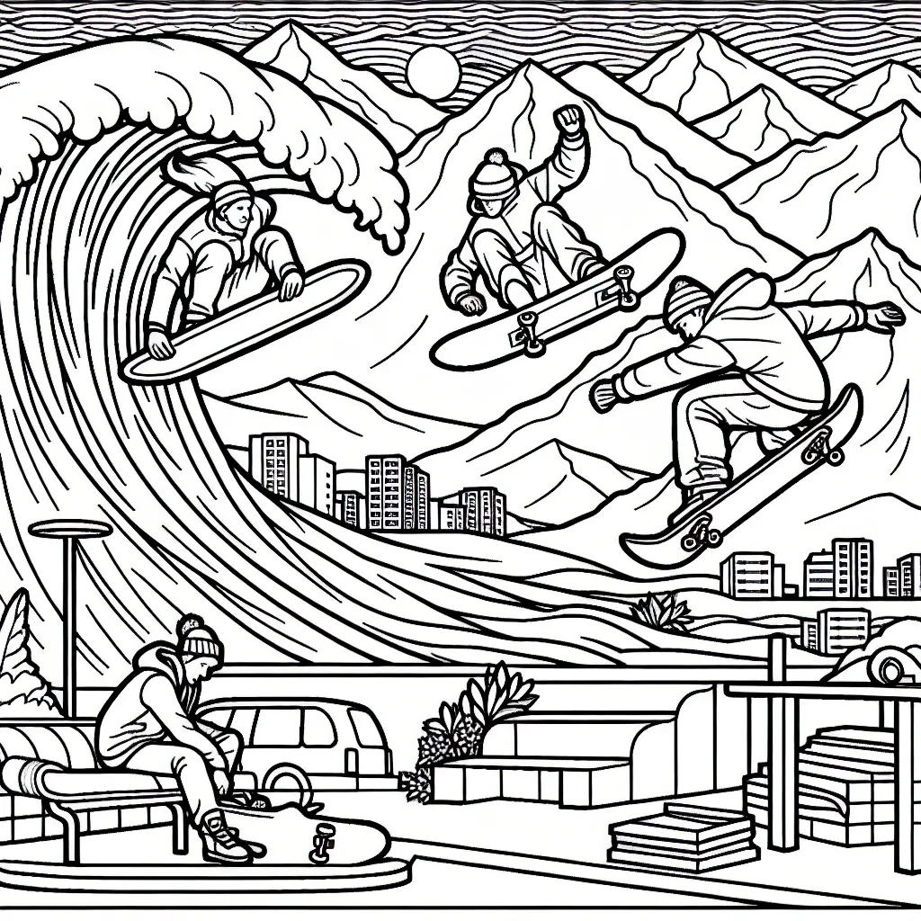 Dessine un surfeur en pleine action sur une vague géante, un snowboardeur qui glisse sur une montagne enneigée et un skateboarder qui réalise une figure acrobatique dans un skate park urbain.