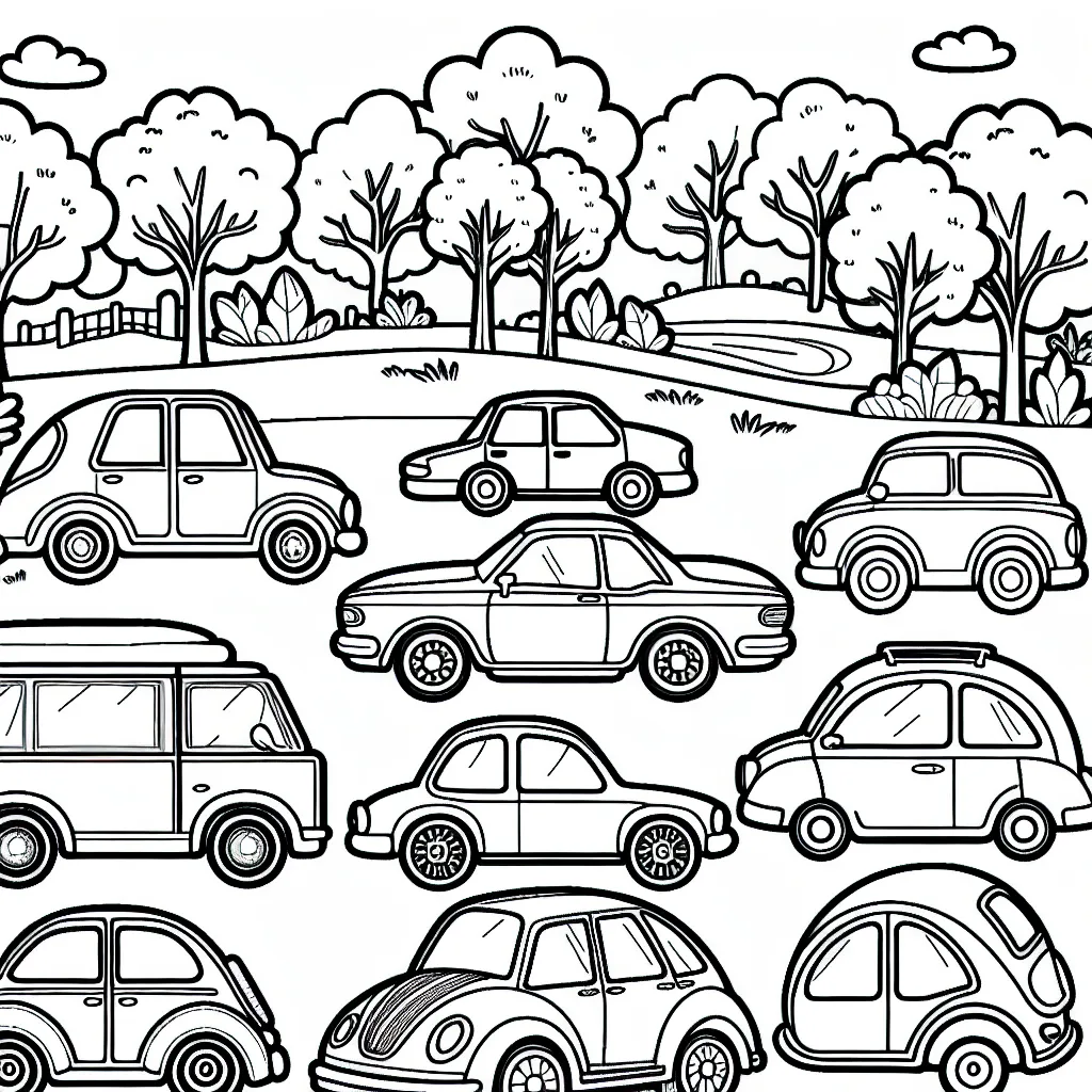 Des voitures de différentes marques garées dans un parc au milieu de la nature