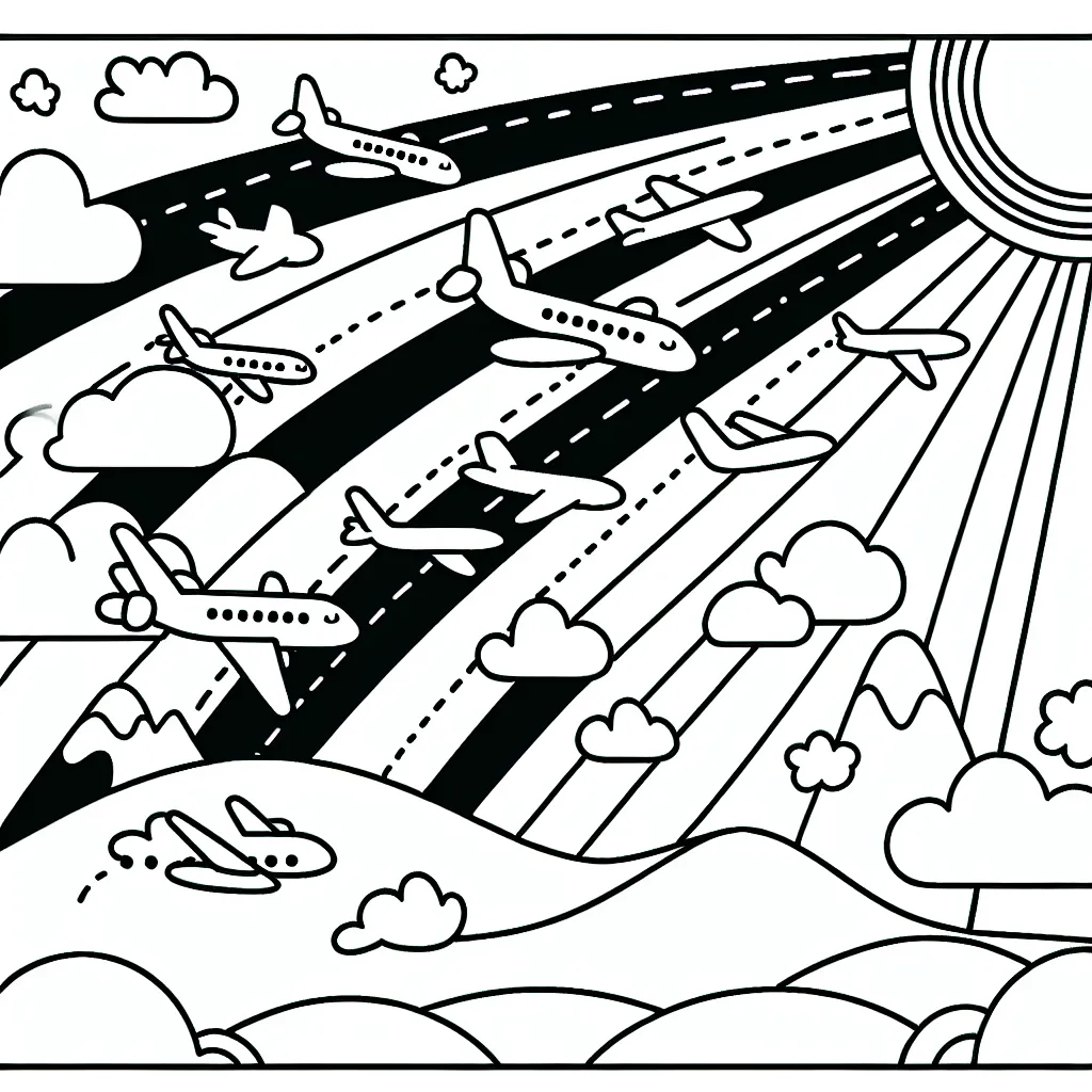 Dessinez une flotte d'avions volant dans un ciel ensoleillé, avec des montagnes en arrière-plan et un arc-en-ciel traversant le ciel.