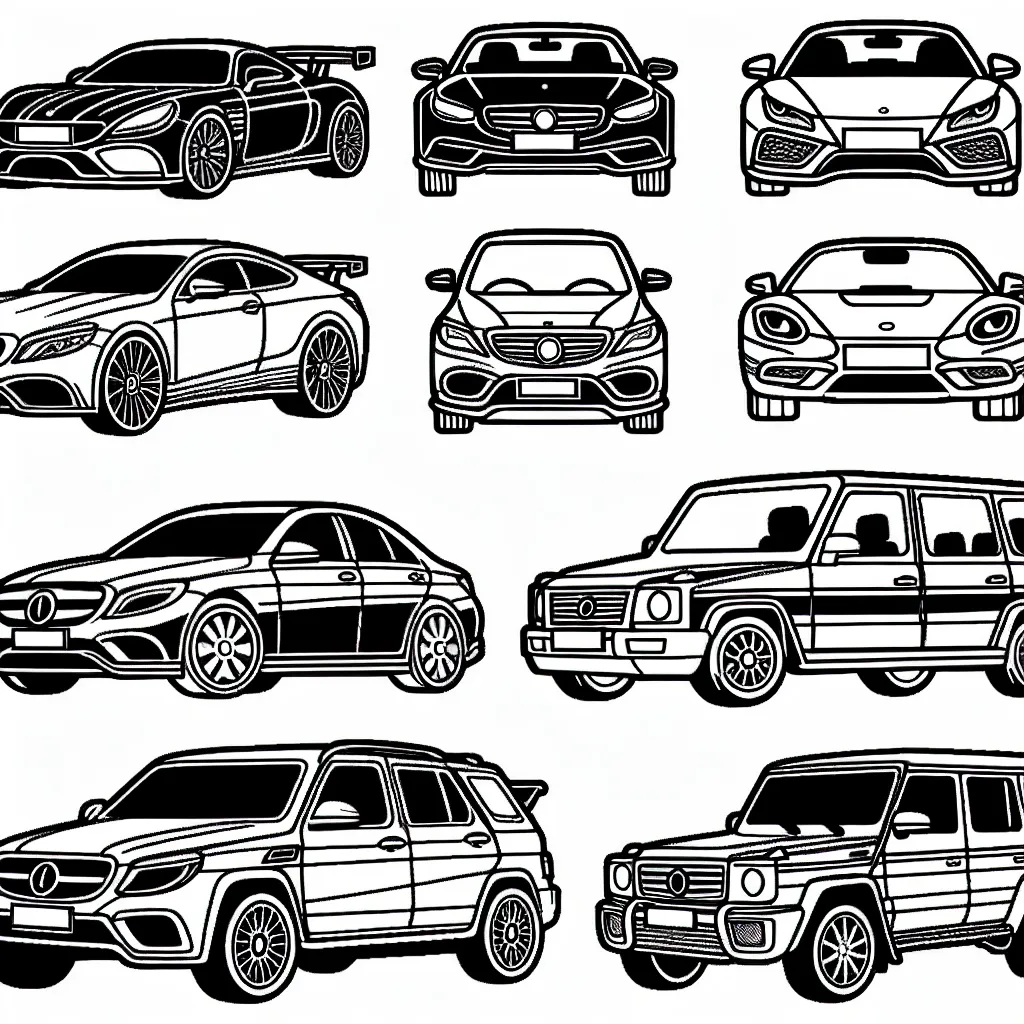 Dessins de voitures par marques à colorier. Vous trouverez des voitures de toutes les marques : Audi, BMW, Mercedes, Toyota, etc. Choisissez votre préférée et donnez vie à vos couleurs!