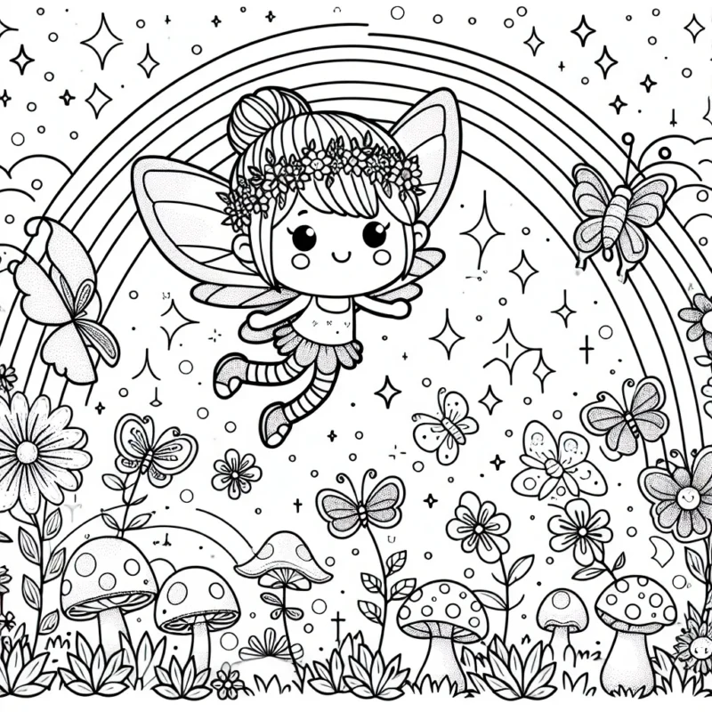 Concevez un dessin mettant en vedette une jolie petite fée survolant un jardin féérique rempli de papillons brillants et de fleurs scintillantes. Ajoutez un arc-en-ciel dans le ciel et n'oubliez pas d'inclure de petits détails comme les champignons, les escargots, et les insectes.