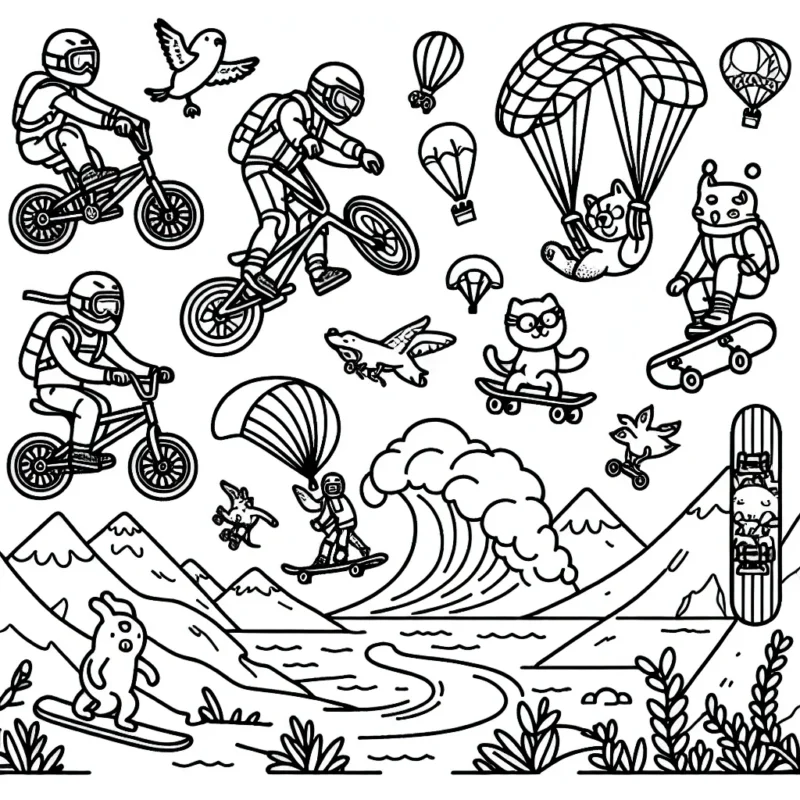 Dans ce dessin, les enfants pourront colorier différents sports extrêmes comme du BMX, du surf de grosse vague, du skateboard vert, du parachutisme et du snowboard en montagne. Le dessin comprend aussi des animaux faisant ces sports pour plus d'amusement.