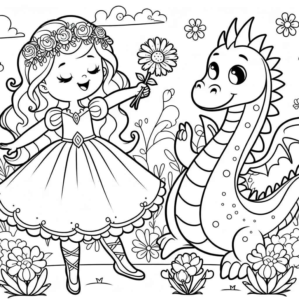 Imagine et colorie une jolie princesse en train de danser avec son meilleur ami, un gentil dragon vert dans un jardin fleuri.