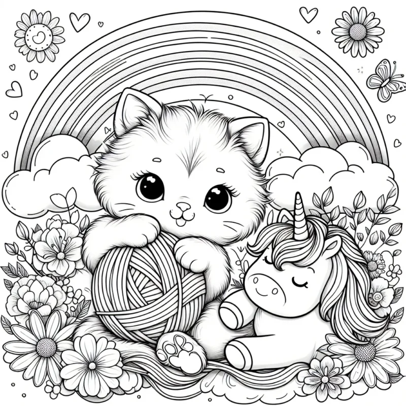 Un adorable chaton joue avec une pelote de laine sous un bel arc-en-ciel éclatant, entouré de jolies fleurs de printemps en quantité. À côté, reposant sur un nuage doux, se trouve une licorne magique souriante.