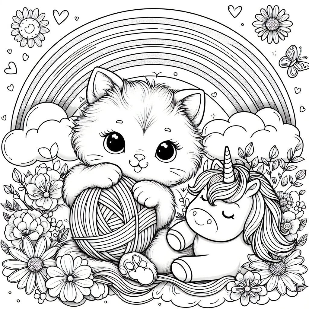 Un adorable chaton joue avec une pelote de laine sous un bel arc-en-ciel éclatant, entouré de jolies fleurs de printemps en quantité. À côté, reposant sur un nuage doux, se trouve une licorne magique souriante.