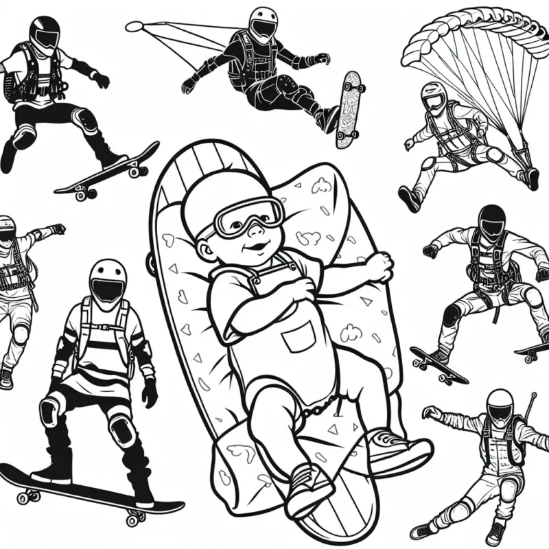 Concept réaliste dédié aux sports extrêmes avec des skateboarders, des surfeurs, des parachutistes, des motocrossers et des grimpeurs