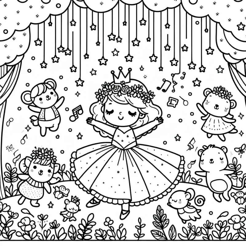 Notre princesse danse sous une pluie d'étoiles filantes dans son jardin enchanté. Elle est entourée par de petits animaux mignons jouant ensemble et faisant de la musique.