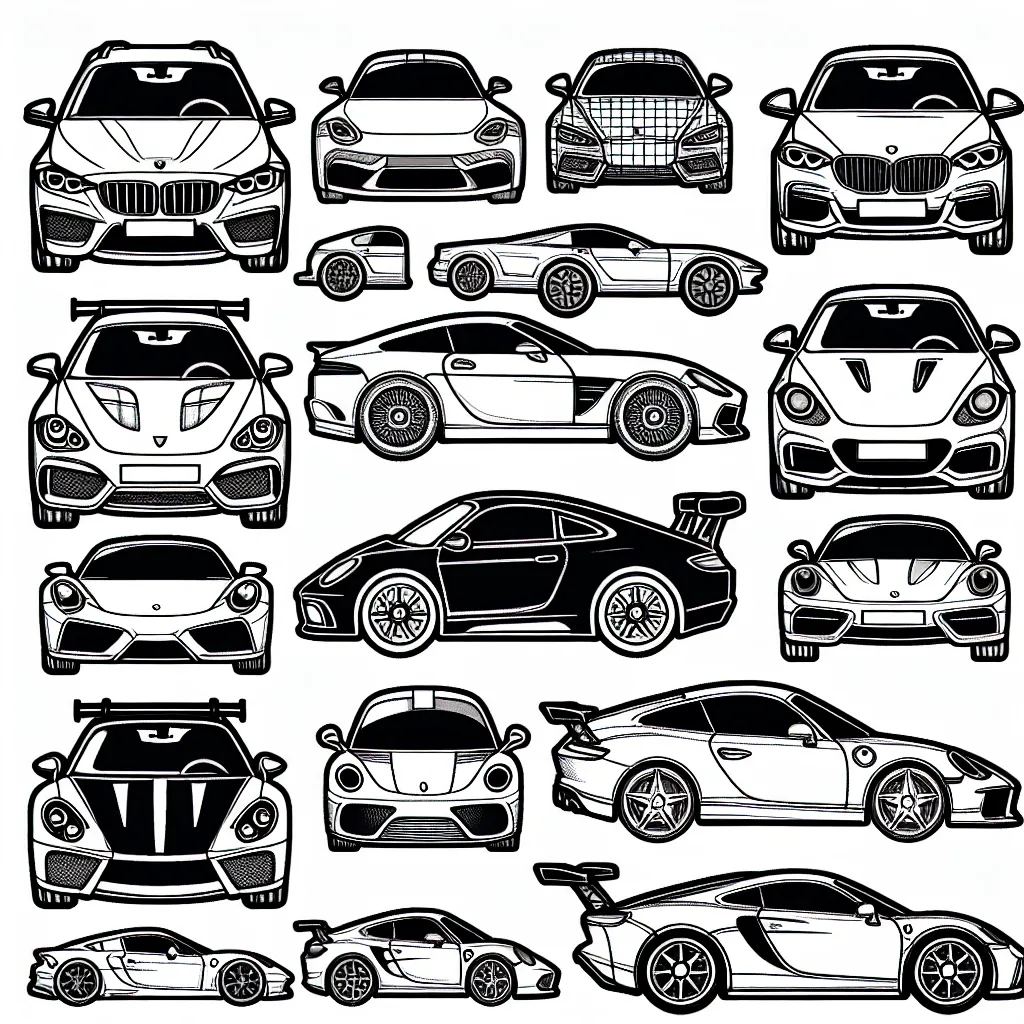 Un ensemble de pages à colorier présentant des voitures de différentes marques, y compris BMW, Audi, Porsche, Mercedes et Ferrari.