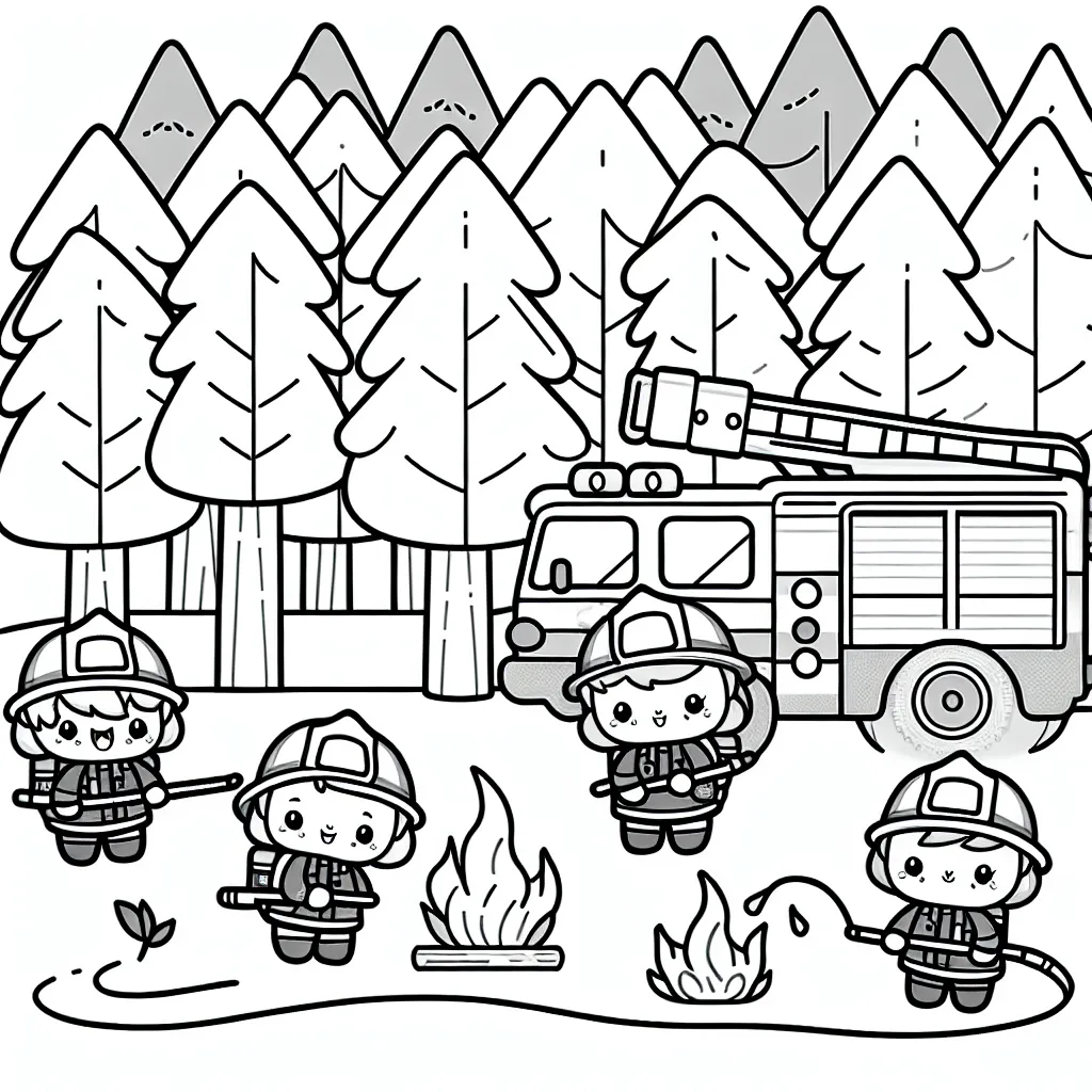 Dessine une brigade de mini pompiers en action éteignant un feu de forêt avec leurs petits camions rouges.