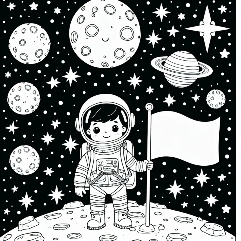 Un petit astronaute courageux sur une lune avec des cratères, s'apprêtant à planter un drapeau avec une galaxie lumineuse dans le fond.