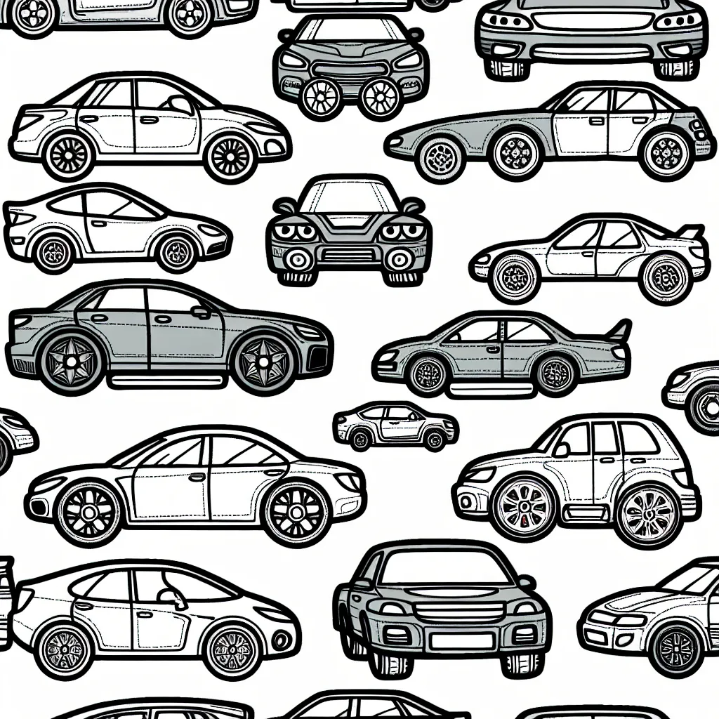 Des voitures de différentes marques ont été éparpillées sur une grande feuille de papier. Audi, BMW, Ferrari, Mercedes, Peugeot, Renault... toutes attendent d'être coloriées avec vos couleurs préférées.