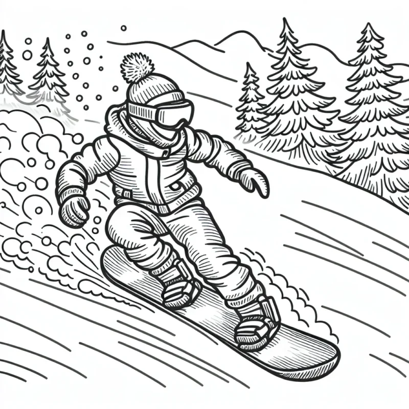 Dessine un snowboarder descendant une pente de montagne escarpée avec des sapins en arrière-plan. Le snowboarder doit porter des tenues colorées, un casque et des lunettes de protection. Aussi, n'oublie pas d'ajouter des détails comme le vent qui souffle et la poudreuse qui s'envole sous sa planche.