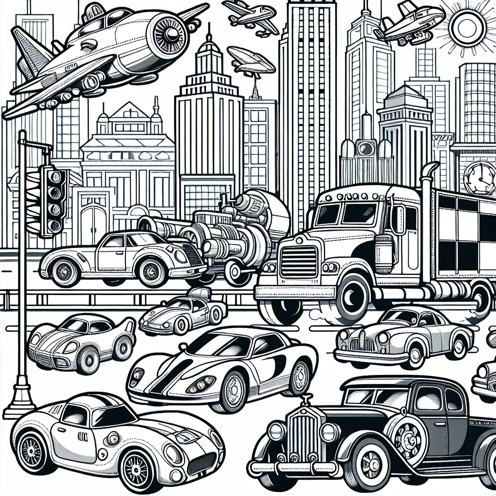 Imaginez un défilé d'automobiles variées : des voitures de course ultra-rapides, des camions imposants, des voitures rétro élégantes et même des voitures futuristes volantes. Chaque véhicule a son propre style unique et des détails incroyables à colorier. N'oubliez pas le paysage urbain en arrière-plan avec ses immeubles imposants, ses feux de circulation, ses panneaux de signalisation et ses trottoirs animés de passants.