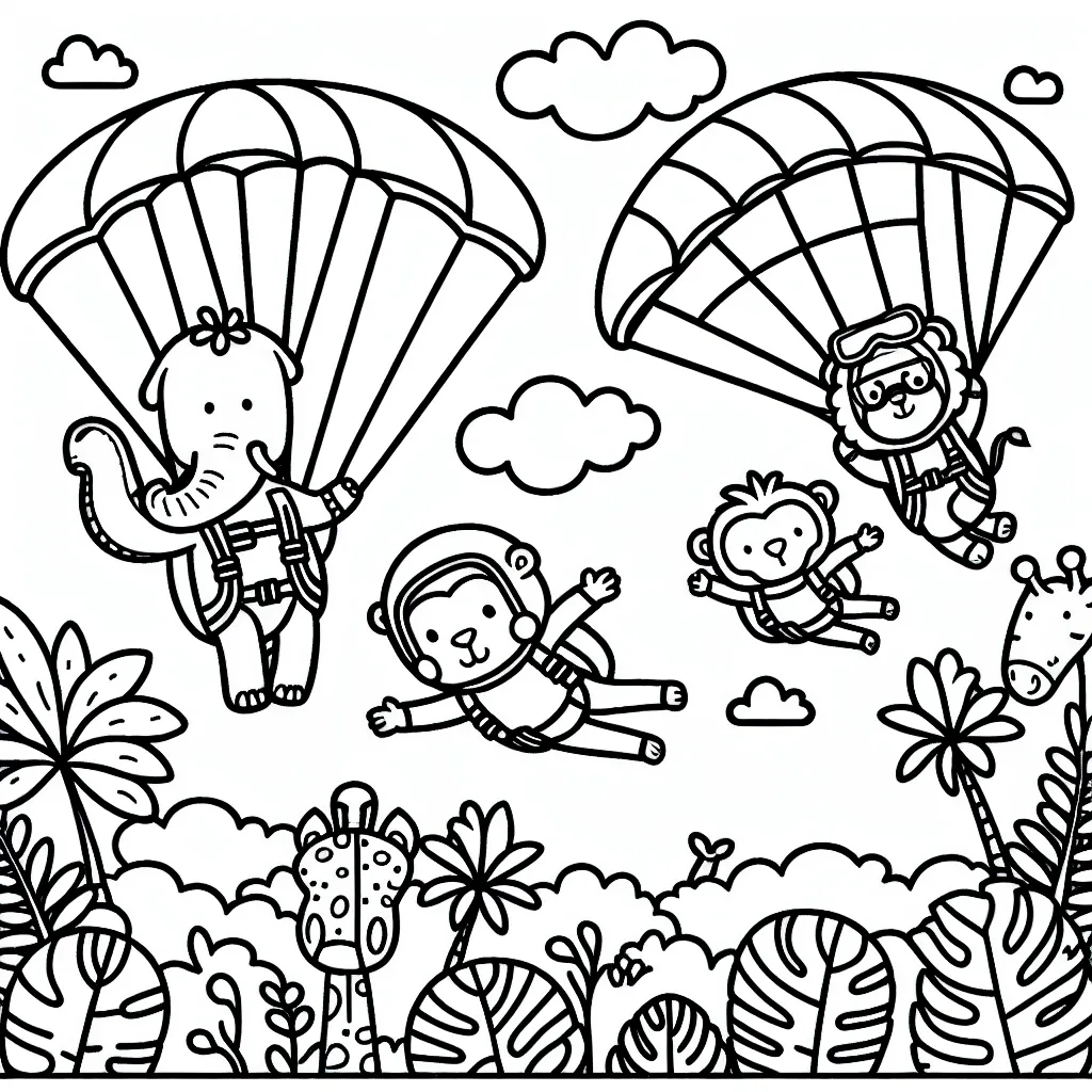 Dessine une scène de saut en parachute avec des animaux habillés en parachutistes survolant une forêt tropicale luxuriante.