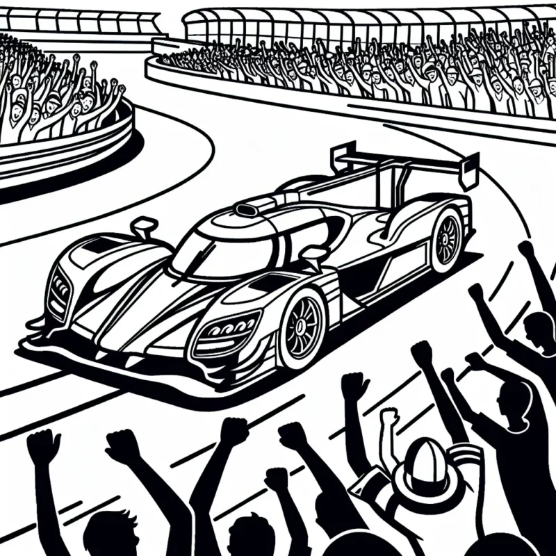 Dessine une voiture de course en pleine action sur une piste de course, entourée par des fans en liesse.