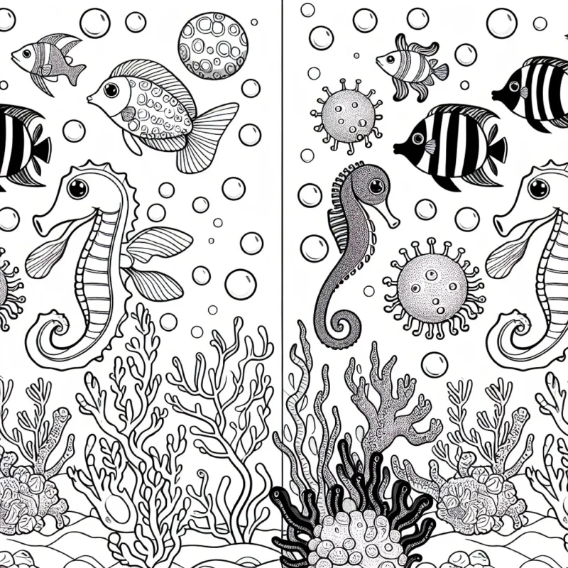 Imagine et dessine un paysage féerique sous-marin peuplé de créatures marines fantastiques: poissons à multiples couleurs, hippocampes géants, pieuvres dansantes et coraux scintillants.