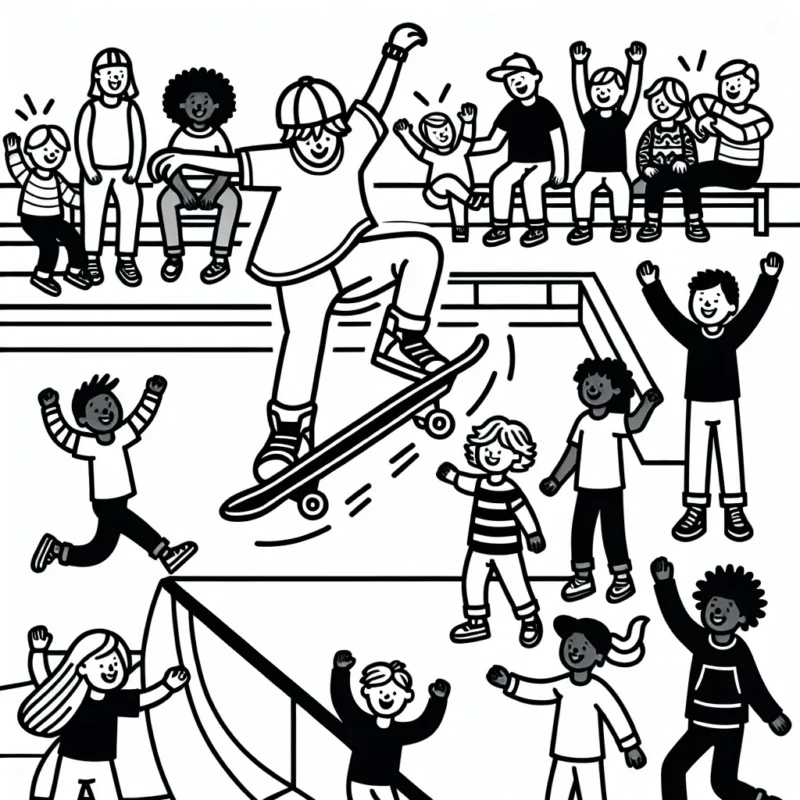 Dessinez un athlète effectuant une acrobatie audacieuse sur une planche de skateboard, avec un décor de parc à skate dynamique en arrière-plan. Incluez également de nombreux spectateurs qui encouragent l'athlète.