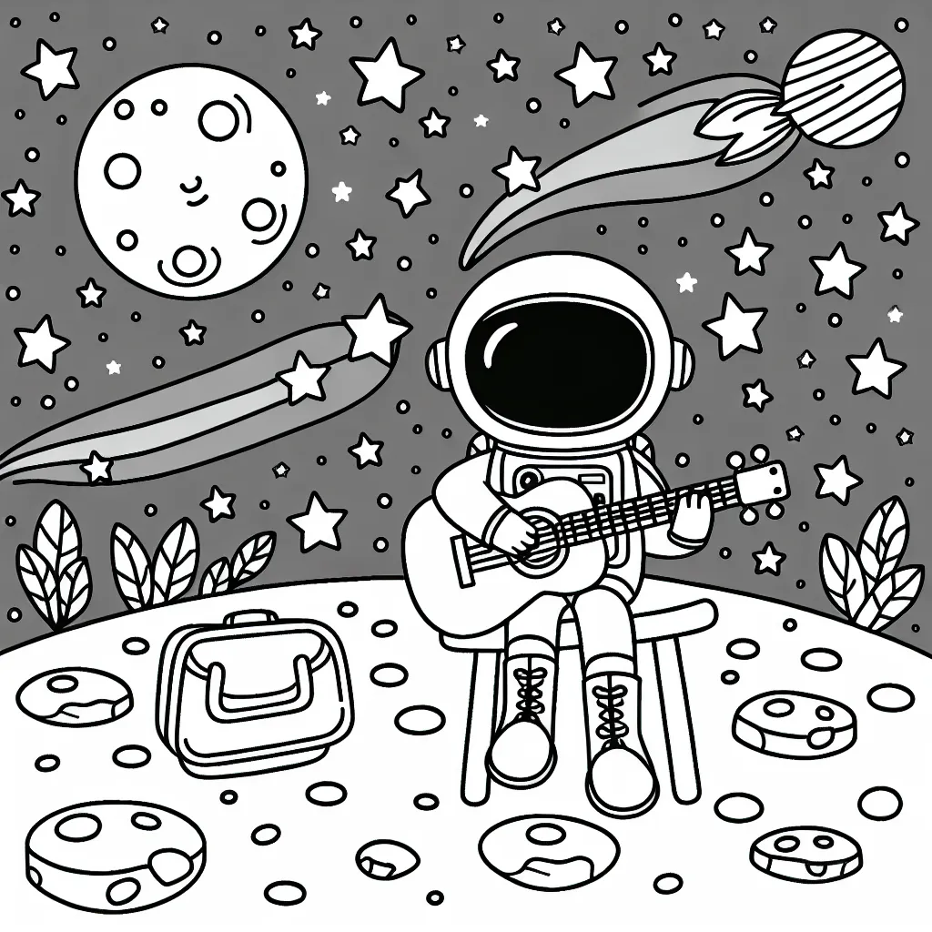 Un astronaute jouant de la guitare sur la lune, entouré d'étoiles filantes