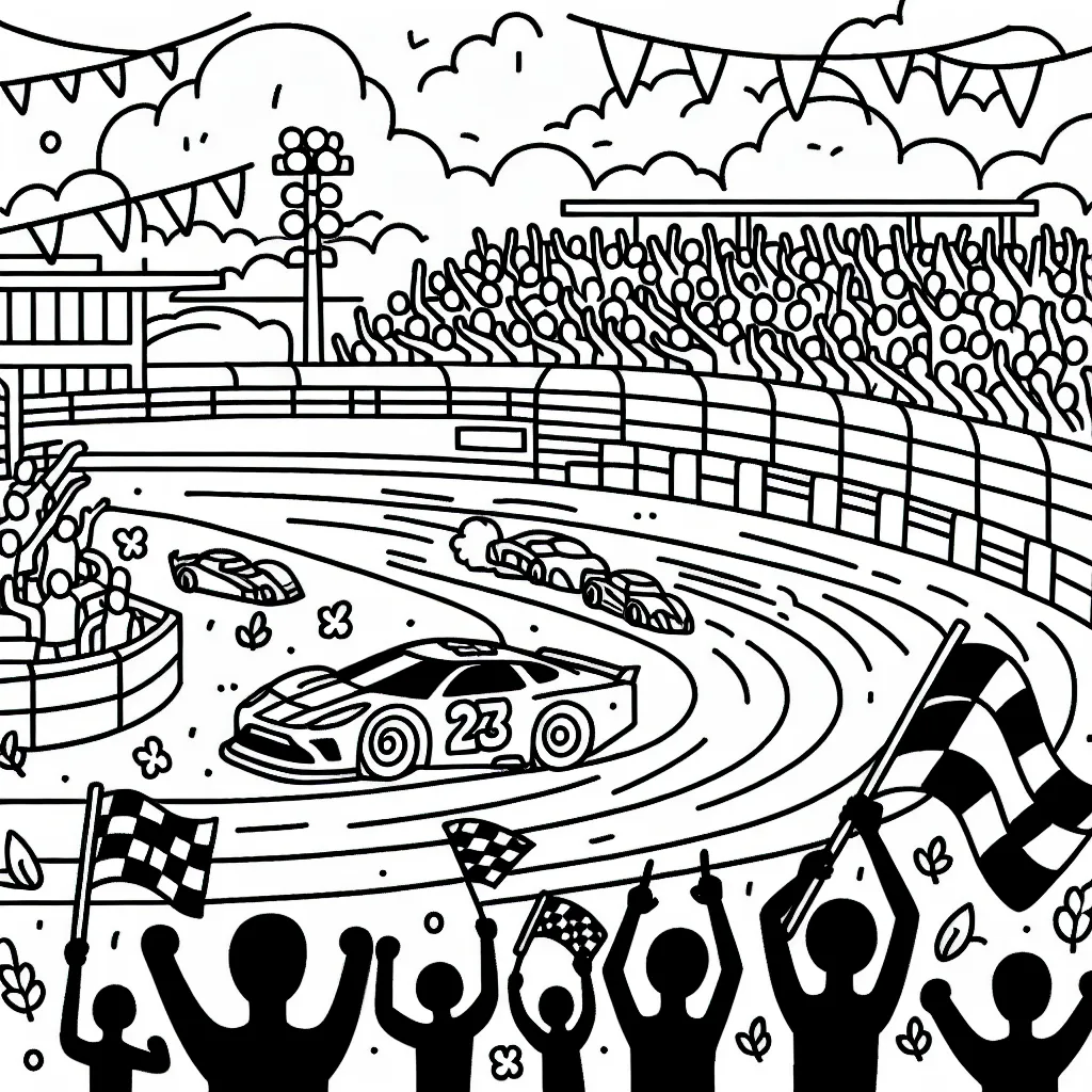 Dessine une course passionnante de voitures de sport sur une piste animée avec des supporters dans les gradins.