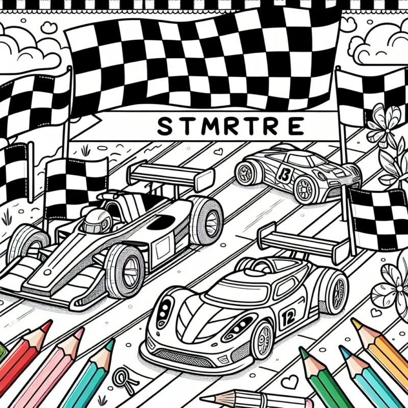 Pour ce coloriage, tu as une aventure passionnante à colorer ! Imagine que tu es au volant d'une course de voiture palpitante. Tu as une ligne de départ, des voitures de course colorées et même un drapeau à damier à l'arrivée. Prends tes crayons et montre-nous comment tu vois cette course sensationnelle !