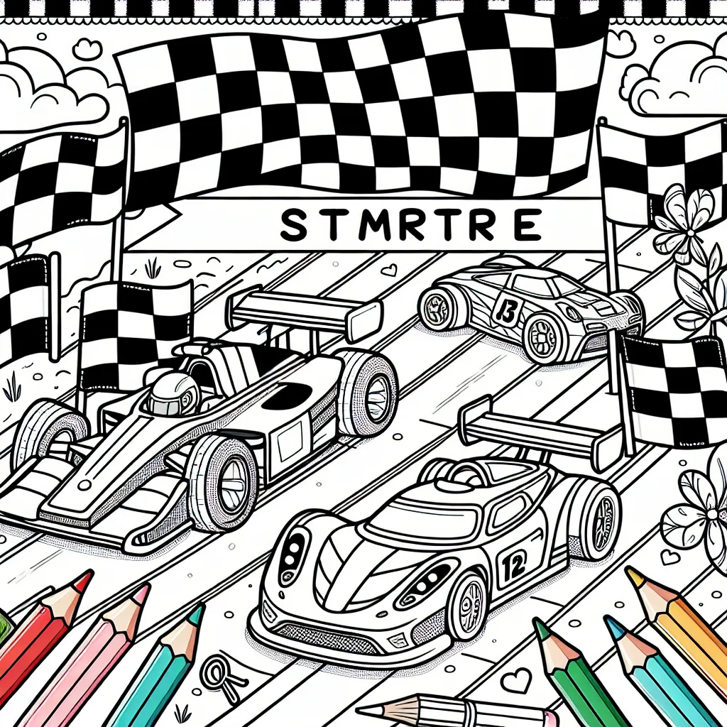 Pour ce coloriage, tu as une aventure passionnante à colorer ! Imagine que tu es au volant d'une course de voiture palpitante. Tu as une ligne de départ, des voitures de course colorées et même un drapeau à damier à l'arrivée. Prends tes crayons et montre-nous comment tu vois cette course sensationnelle !