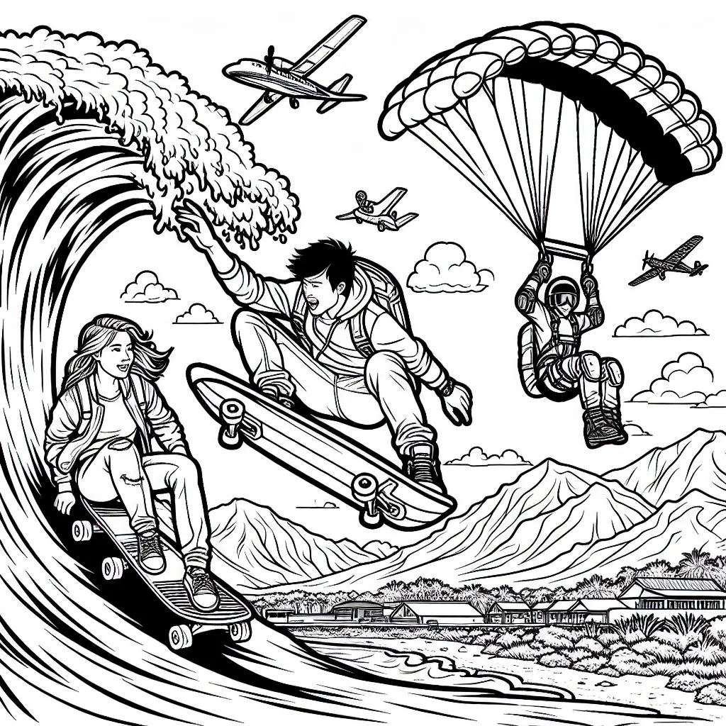 Imaginez un dessin de trois amis faisant du sport extrême: un surfer domptant des vagues gigantesques, un skater effectuant des tricks audacieux dans un skate park et un parachutiste sautant d'un avion au-dessus d'un paysage de montagnes. Ajoutez de l'éclat et de la couleur à cette scène pleine d'action.